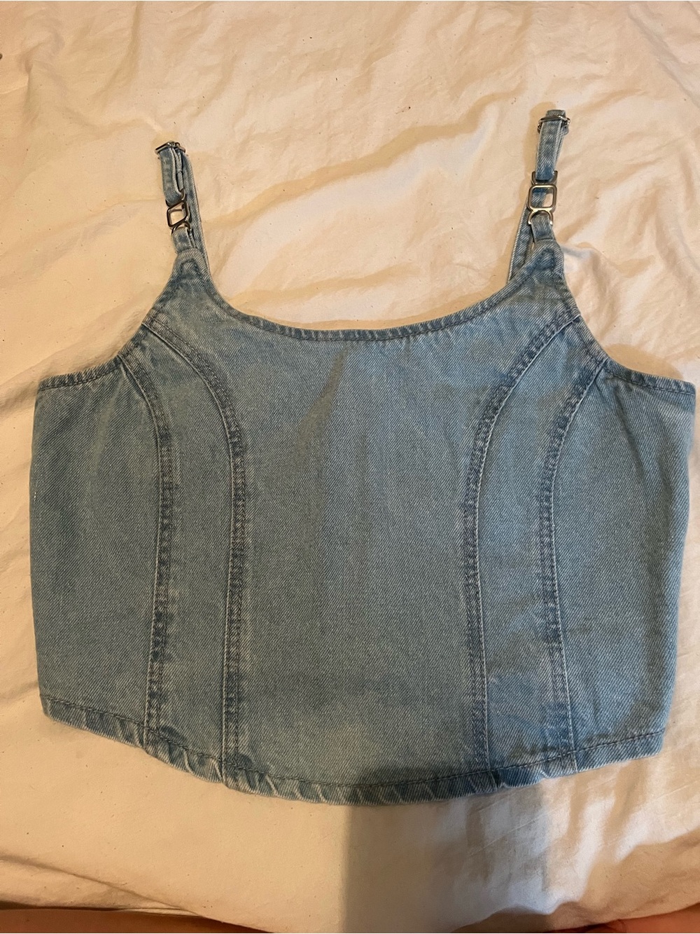 Light Blue Denim Cropped Tank with Adjustable Buckle Straps